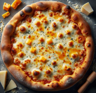 Pizza cuatro quesos con más queso por su alrededor